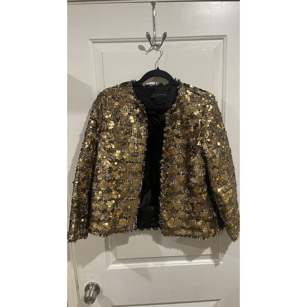 ZARA GOLD SEQUIN JACKET SEQUIN BOUCLE TWEED BLAZER SIZE Large
